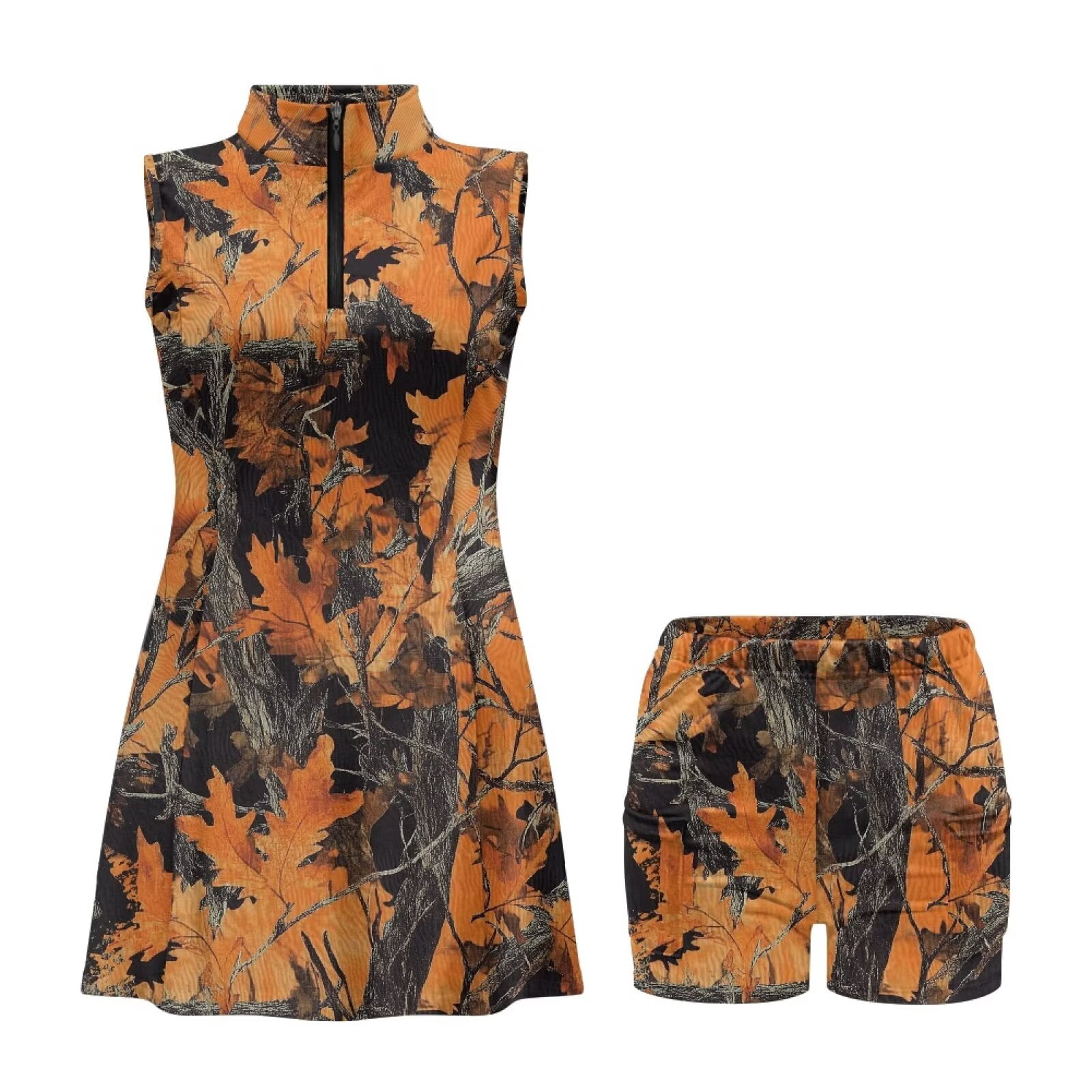 Yuyamidu Orange Camo Hunting Tennis Golf Dress Elegant Workout Dresses with Pockets Shorts Sleeveless Athletic Dress for Women Slim Fit Workout Athletic Dresses Size M