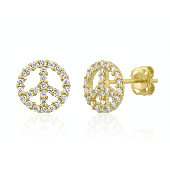 VINALI 14K Solid Yellow Gold Womens Round Cubic Zirconia Cz Small Peace Sign Stud Earrings - 0.27in