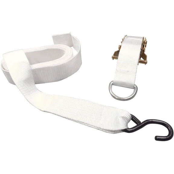 Foot White Ratchet Strap with S-Hook | Polyester Tie Down | 1.5" Inch Width | White | for Tying Down Canopy Tents, Inflatables, and Securing Cargo | 1 Pack