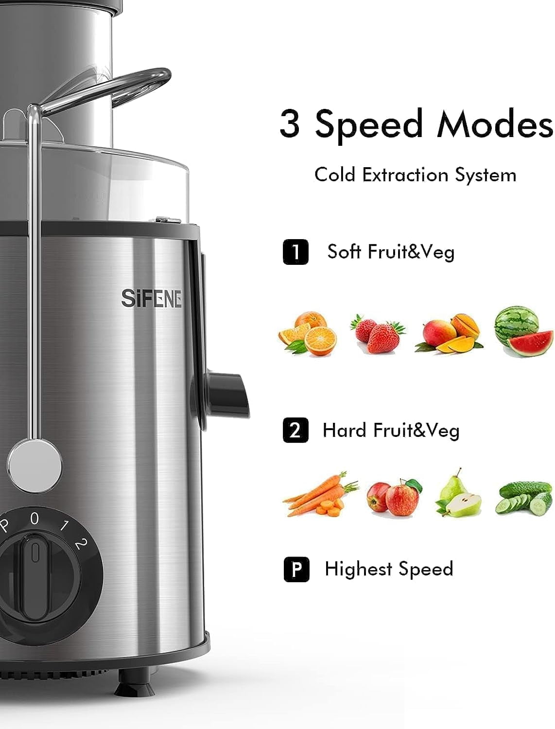 Qcen Juicer Machine, 500W Centrifugal Juicer Extractor with Wide Mouth 3”  Feed Chute for Fruit Vegetable, Easy to Clean, Stainless Steel, BPA-free