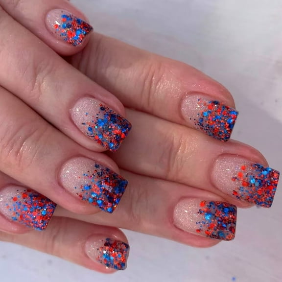 Huhudde Patriotic Short Square False Nails French Tip Press on Nails Full Covers Fake Nails Independence Day Glues on Nails
