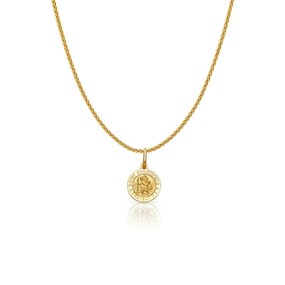 14K Yellow Gold St. Christopher Protect Us Charm Pendant with 1.1mm Wheat Chain Necklace - 16"