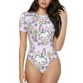 thumbnail image 2 of Uemuo Purple Rabbit Pattern Women's One Piece Short Sleeve Swimsuit Rash Guard Surfing Modest Quick-drying Swimsuit Beach Essentials-Large, 2 of 9