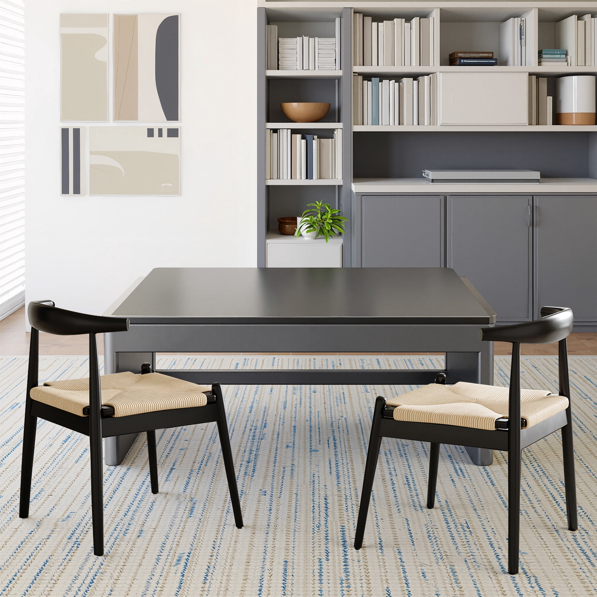 MAYEERTY Set of 2 Modern Dining Chairs, Solid Wood Legs & Woven Rope for Dining Room, Black-beige