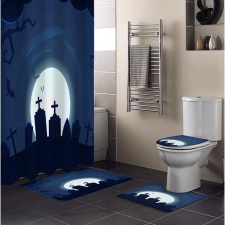 ZHANZZK Halloween Night 4 Piece Bathroom Set Shower Curtain Bath Rug Contour Mat and Toilet Lid Cover