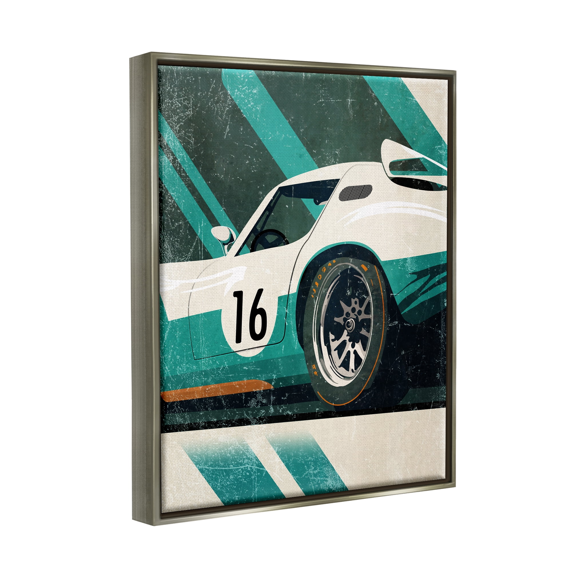 Stupell Industries Classic Green Race Car Transportation Painting Gray Floater Framed Canvas Art Print Wall Art, 25 x 31