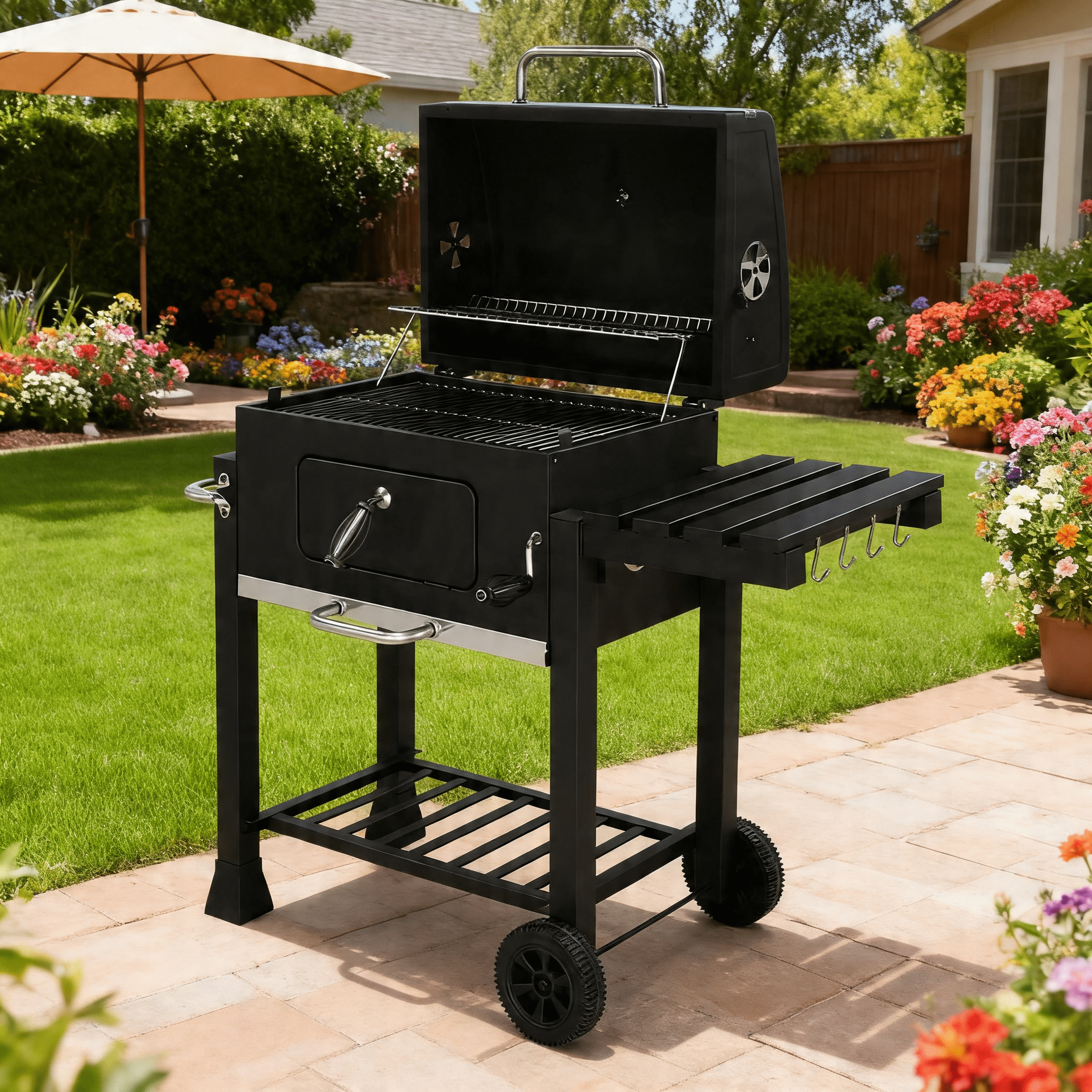 LODZPK Charcoal Grill with Foldable Side Table & Wheels, Heavy-Duty for Patio Garden Grilling