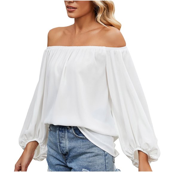 IROINNID Discount Polyester Long Sleeve T Shirt for Women Casual Spring, Summer, And Autumn Solid Color Off-The-Shoulder Chiffon T-shirt Tops,White