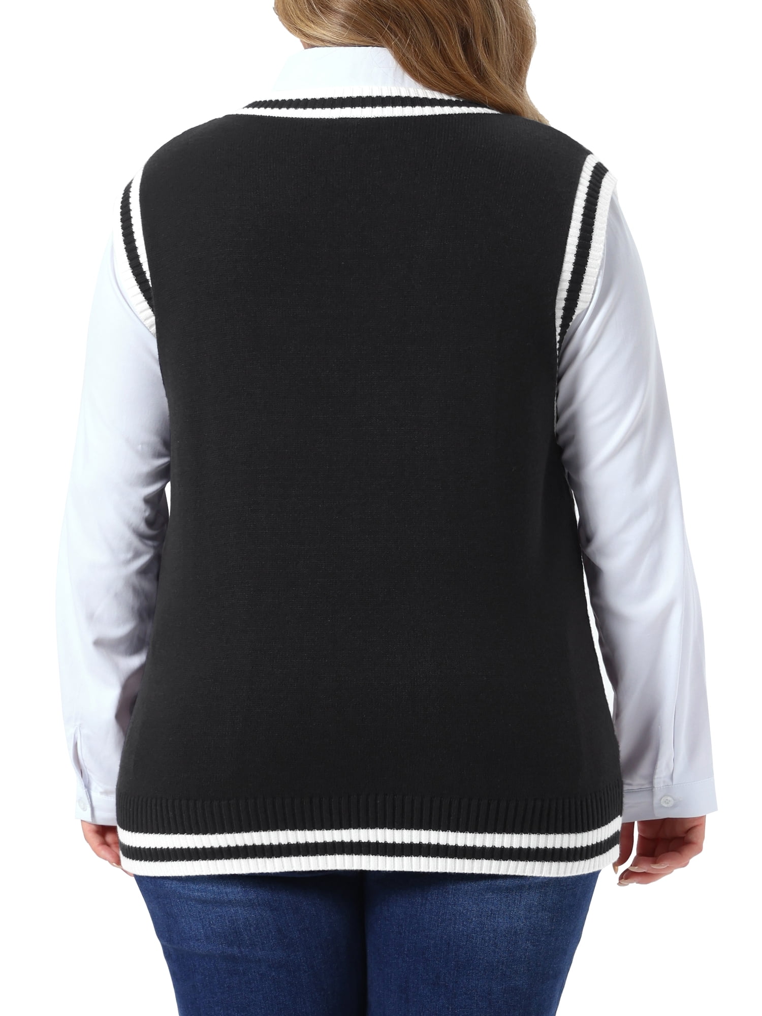 DARING DIVA Women's Plus Sweater V Neck Sleeveless Preppy Vest 1X Black