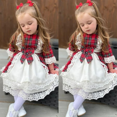 

dmqupv Toddler Girls Christmas Long Sleeve Lace Patchwork Plaid Bowknot Princess Dress Xmas Party Ruffles Dresses Red 18-24 Months