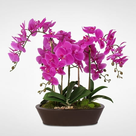 Real Touch Beauty Purple Phalaenopsis Orchids in a Sleek, Oval Metal