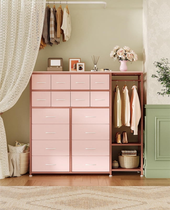 TROPOW Tall Dresser for Bedroom with 16 Drawers & Clothes Rack & 2 Storage Shelves, Fabric Dressers & Chests of Drawers, Large Closet Dresser for Storage and Organization