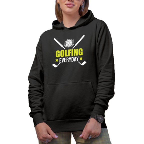 Golfing Everyday, Enthusiast Quote with Ball & Clubs, Golf Player, Golfing or Golfer Themed Merch Gift, Black Hooded Sweatshirt or Hoodie, Small