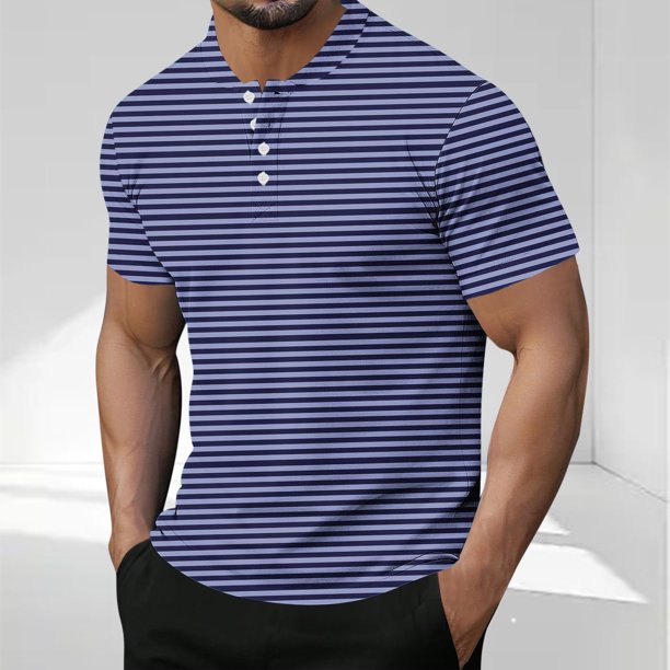 Blusas y camisas de manga corta y cuello redondo para hombre, blusa informal de poliéster de color liso con botones y cuello redondo a la moda para hombre.