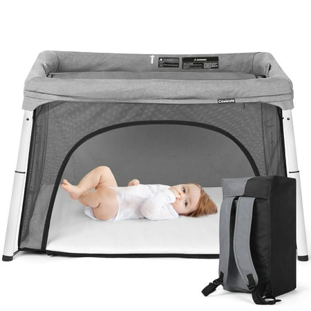 Cowiewie Portable Travel Crib Playard（0-3 years, Unisex） with Insulation Mattress, Breathable and Washable Playpen, Light Gray
