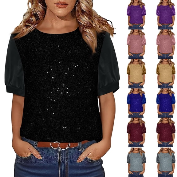 Laqbezok Women's Shiny Sequin Short Sleeve Top, Pullover Puff Sleeve Patchwork Blouse, Casual Sparkly Party Outfit