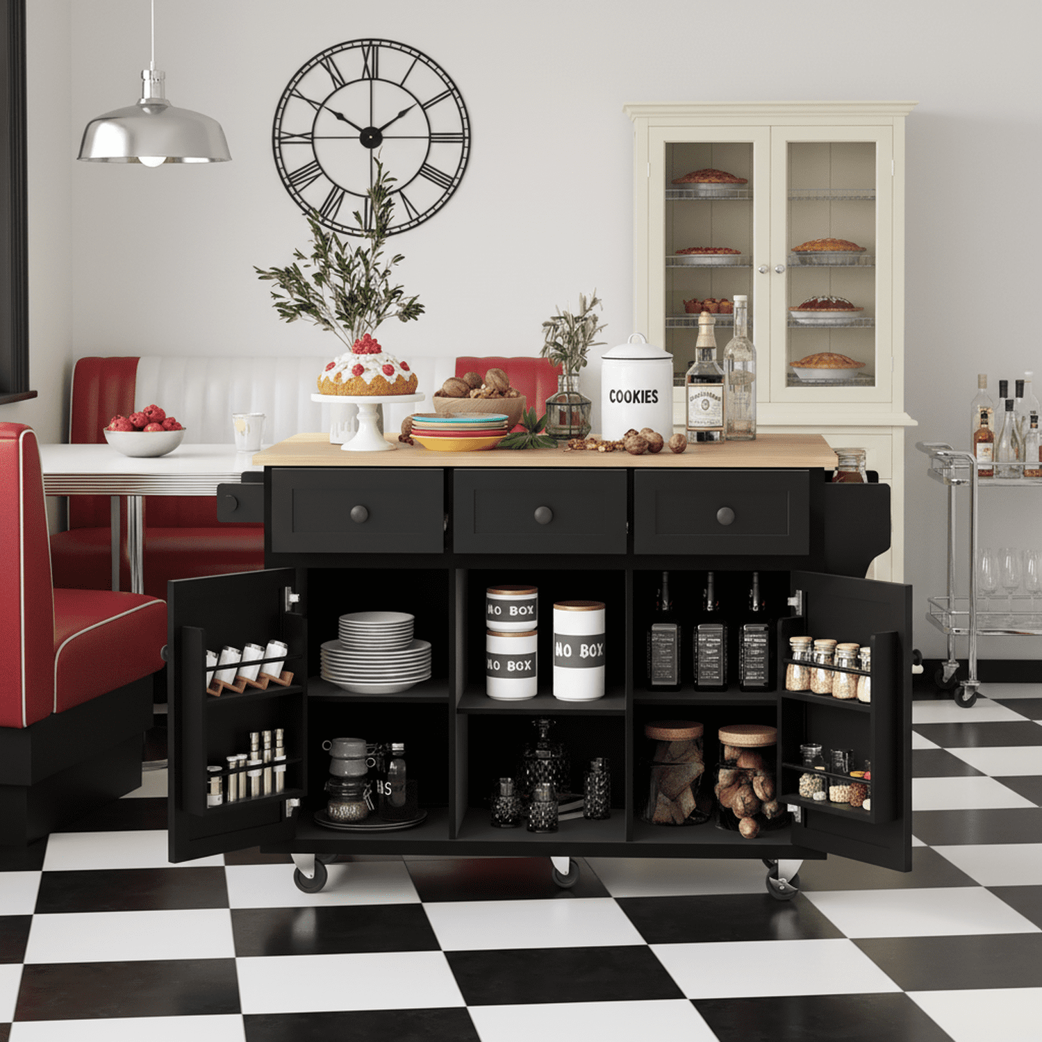 Homy Casa Kitchen Serving Cart With Drop Leaf and Storage, Black