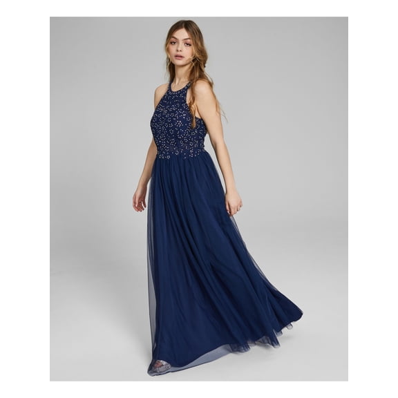 SPEECHLESS Womens Navy Embellished Zippered Keyhole Back Sheer Tulle Lined Sleeveless Halter Full-Length Prom Gown Dress 7
