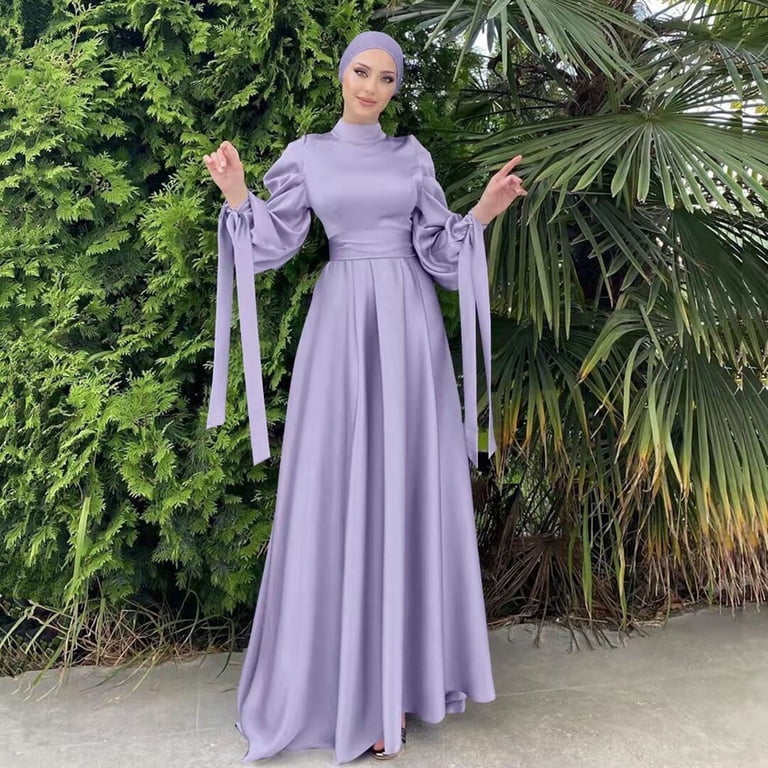 Dresses for Women Arab Solid Sleeve Womens Dress Abaya Casual Kaftan Sun  Dress Purple L - Walmart.com
