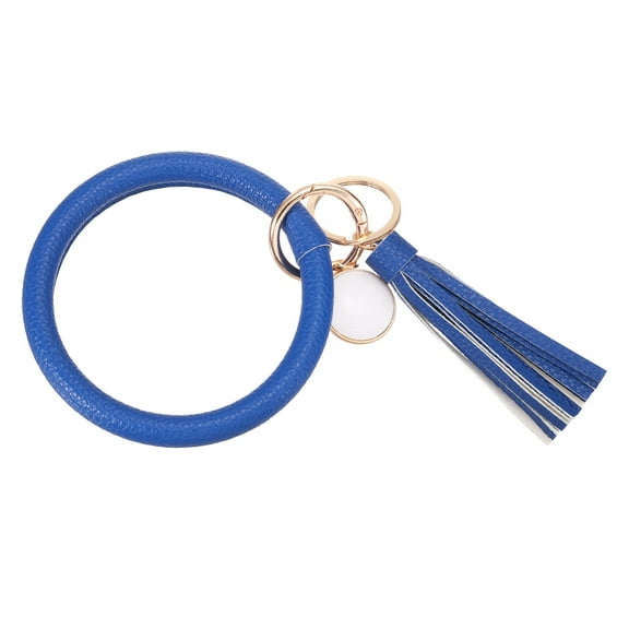 Uxcell PU Leather Circle Wristlet Keychain, Tassel with Pendant Round Bangle Keyring Bracelet Wristlet Holder Keychains for Women Car Key Accessories- 1 PCS (Blue)