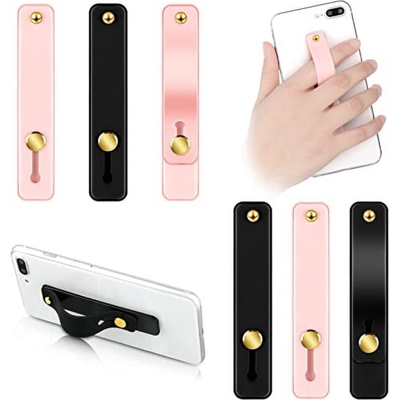 6 Pieces Phone Strap Grip Holder Finger Cell Phone Grip Telescopic Phone Finger Strap Stand Universal Finger Kickstand for Most Smartphones (Black, Pink)