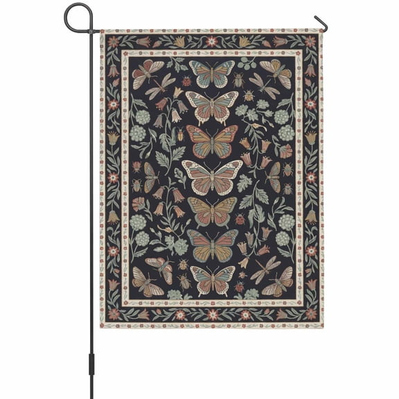 Vintage Floral Butterfly Garden Flag 12 x 18 Inches, Black Botanical Plant Leaf Animal Weather Proof Outdoor Patio Flags Double Sided Small Garden Decoration for Yard Outside Home