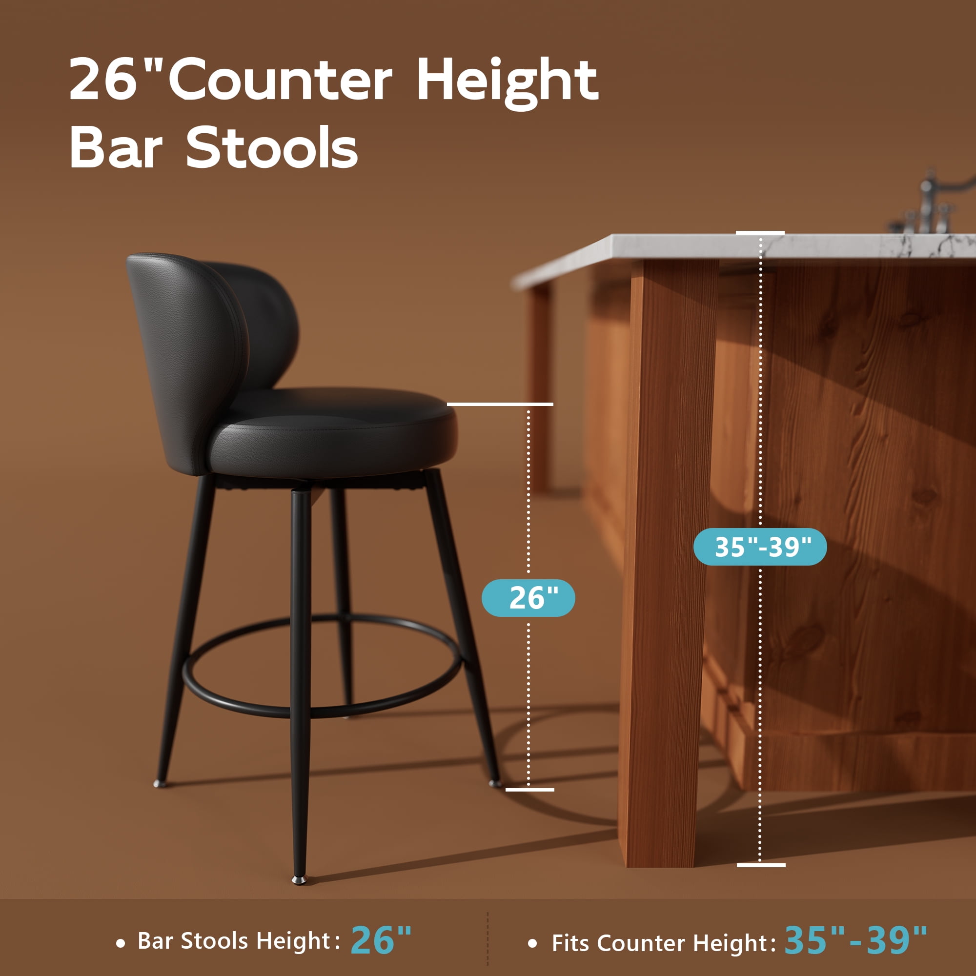 Homezeer 26" Bar Stools Set of 2, Low Back Counter Height Bar Stools with Round Seat, PU Leather Swivel Bar Chair for Kitchen, Black