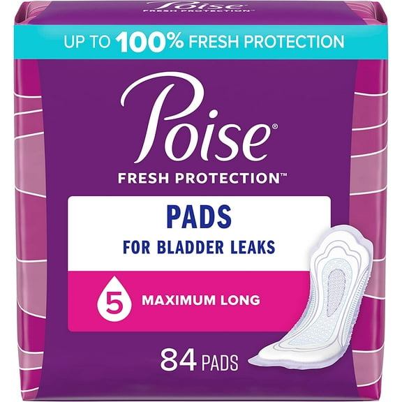 Poise Incontinence Pads & Postpartum Incontinence Pads, 5 Drop Maximum Absorbency, Long Length, 84 Count, Packaging May Vary