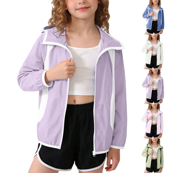 Girls Color Blocked Lightweight Jacket Kids Hooded Spring Fall Jackets with Pockets Summer Children's Sunscreen Clothes 5-16 Years