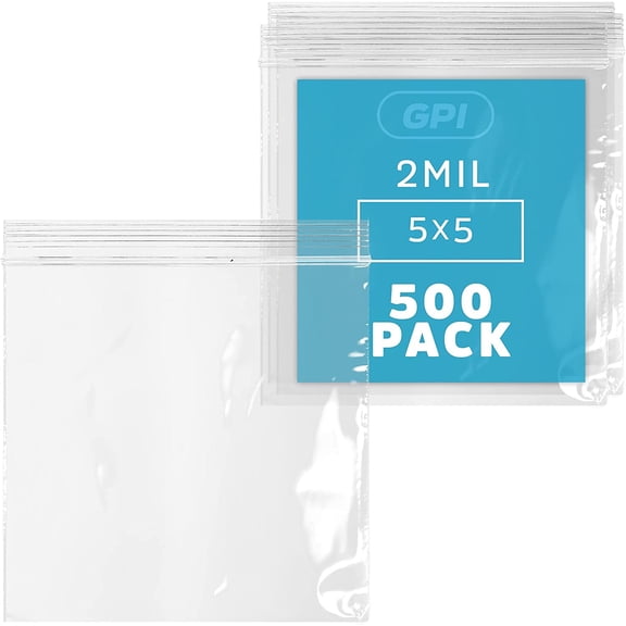 5" x 5" Zip Bags - 500 Count, Small, Clear Plastic Reclosable Zipper Poly Baggies, 2 Mil, with Resealable Zip Top Lock for Packaging Food Storage, Snacks, Candy, Office Supplies & More.