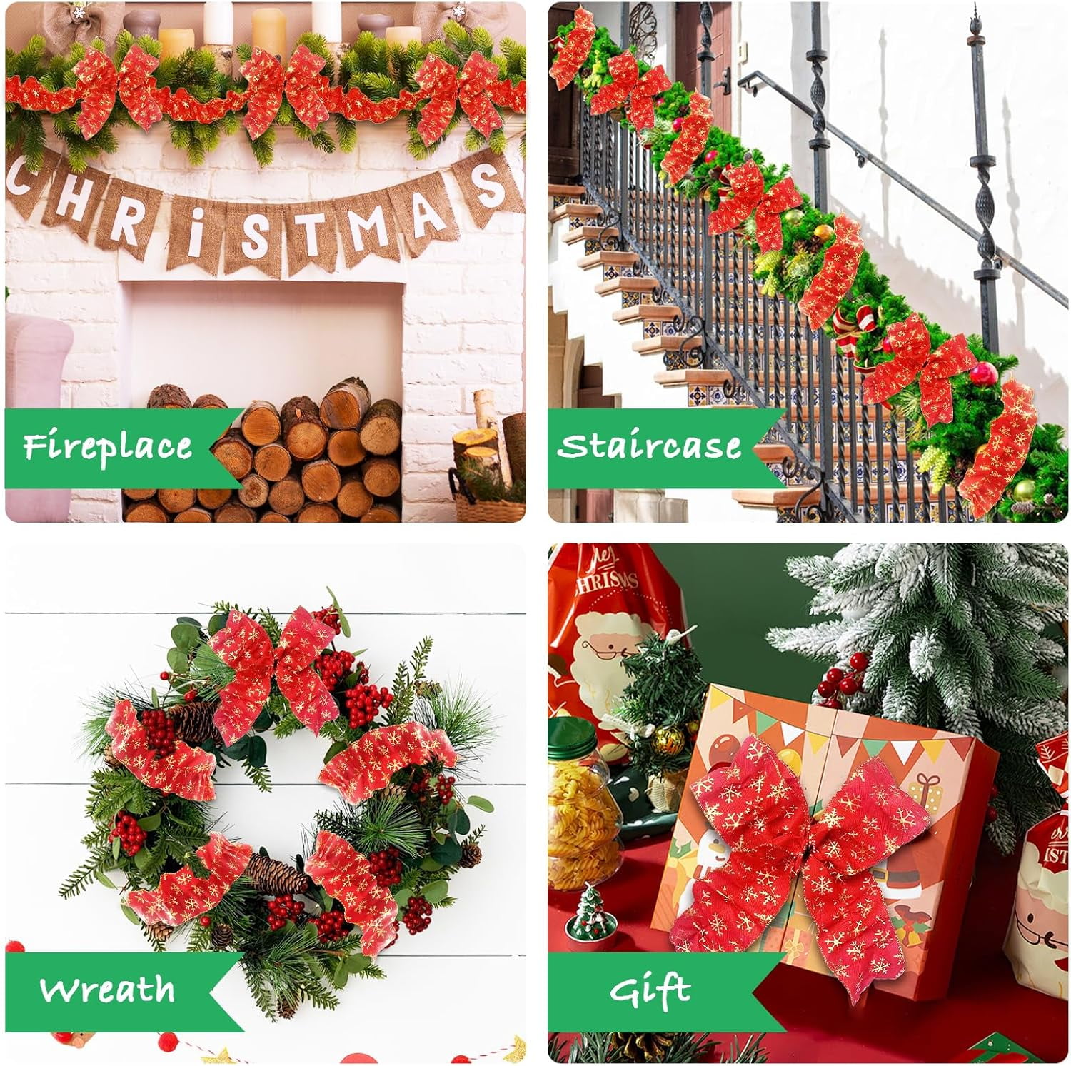 Dalrosia Christmas Tree Ribbon Garland Red and Green Polka Dot Ribbon Garland for Christmas Tree Burlap Ruffled Wired Ribbon Xmas Tree Garland Vintage Rustic Farmhouse Home Deco