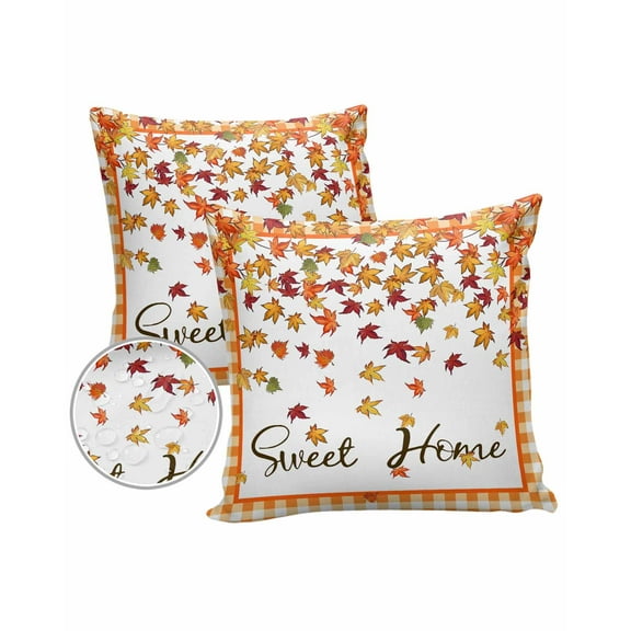 Pack of 2 Outdoor Pillow Covers, Farmhouse Fall Plant Maple Leaf Checkered Waterproof Square Throw Pillowcase Cushion Decorative Pillow Covers for Couch Patio Tent, 18x18 in