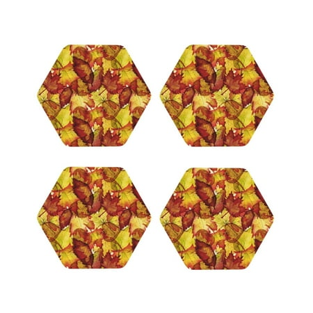 

Fuzoiu Autumn Mosaic Maple Leaves Print Leather Coasters Set Drink Coasters Set of 4 for Tabletop Protection Durable PVC Coasters Home Décor and Housewarming Gift-Hexagon