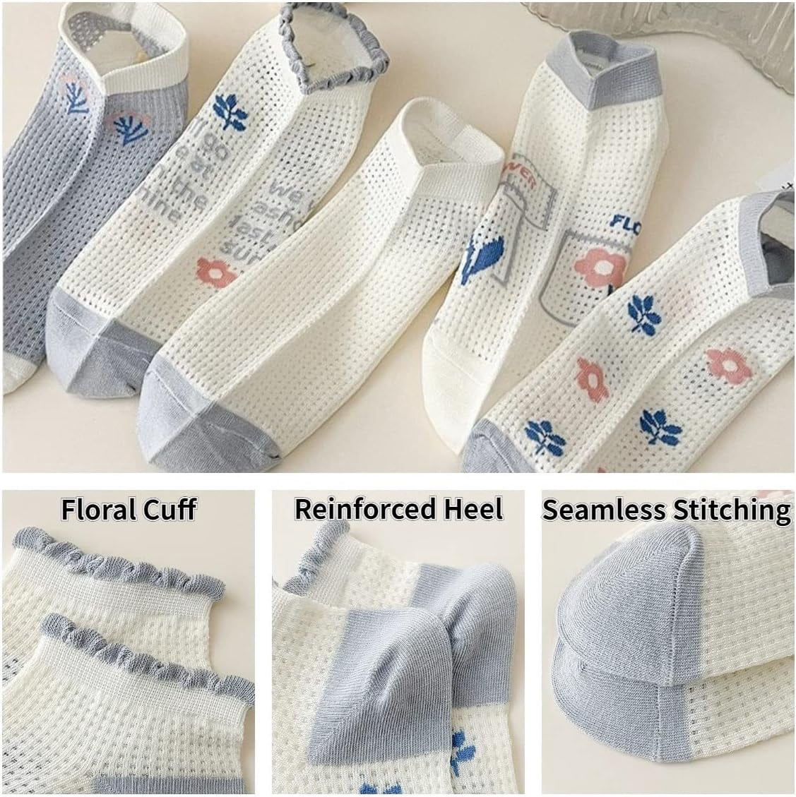 CoCozhu 5/10 Pairs Cute Flowers Patterned Design Combed Cotton Mesh Breathable Ankle Socks For Women Girls
