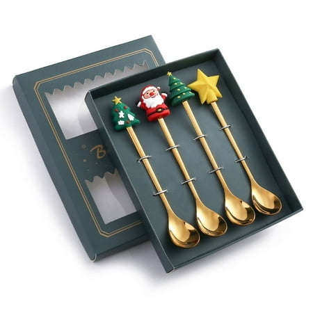 

4pcs Christmas Spoons Forks with Gift Box Coffee Spoon Tea Stirring Spoon Xmas