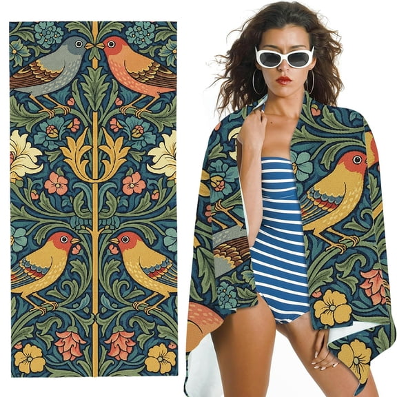 RKSupls Green Chinoiserie Flower and Bird Oversized Microfiber Beach Towel - Ultra-Soft Microfiber , for Bathroom, beach, Soft Super Absorbent- 30x60 in