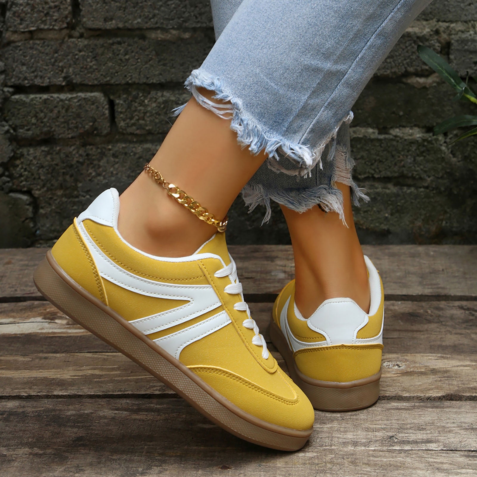Tennis Shoes Womens Lace up Retro Classic Trainers Skate Shoes Fashion Suede Color Block Sneakers Nonslip Flat Walking Shoes Yellow Size 6