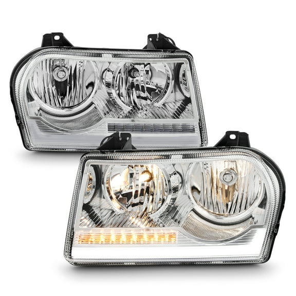 AKKON - Fits 2005-2009 Chrysler 300 [Halogen Type] Chrome Headlights w/ LED Sequential Turn Signal Pair Driver Passenger