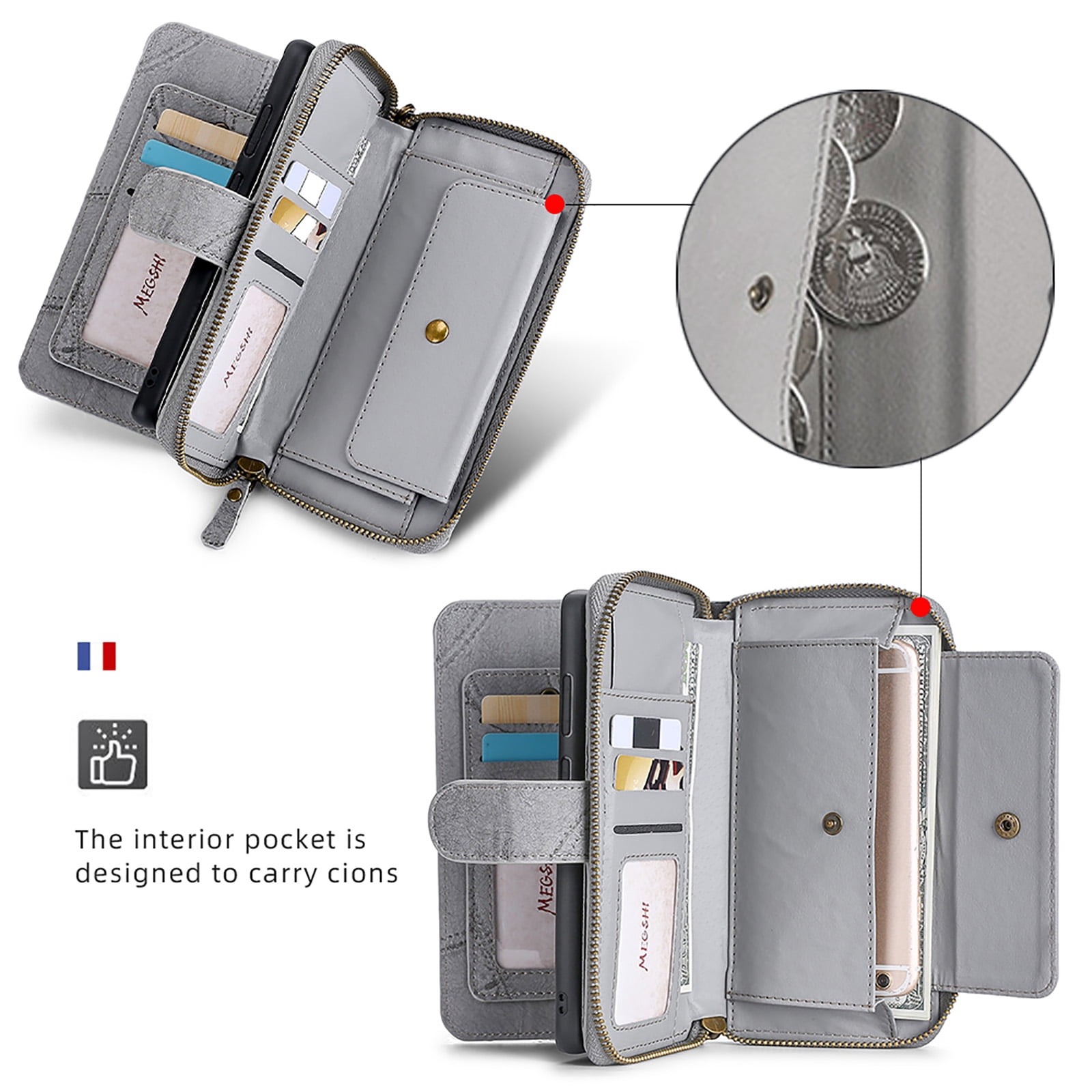 For Samsung Galaxy S25 Ultra Wallet Case with RFID Blocking Credit Card Holder, Detachable Wallet Phone Case Magnetic Closure Flip Kickstand PU Leather Flip Lanyard Strap Wristlet Zipper Purse,Gray