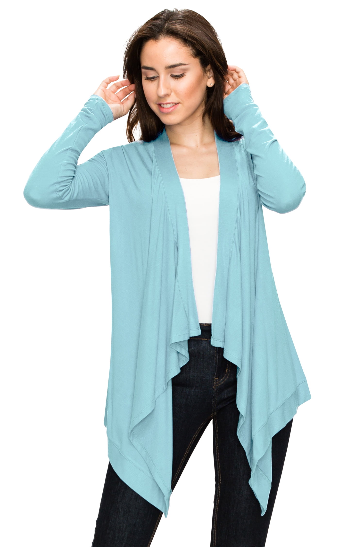 Women's Open Front Long Sleeve Cardigan - Lightweight Soft Stretch Knit (XXL, Aqua)