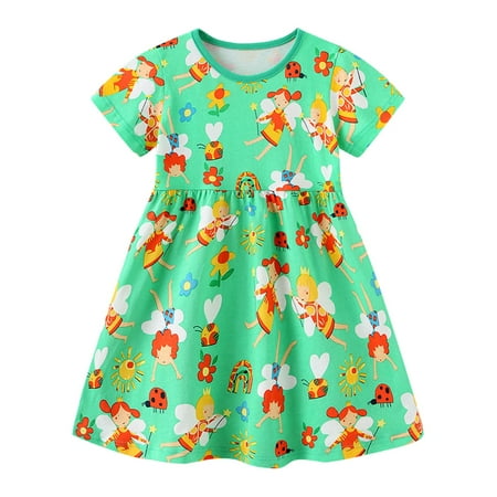 

Aayomet Girls Dresses Girls Dress Summer New Knitting Cartoon Printing Princess Dress Round Neck Pullover Short Sleeve Green 6-7 Years