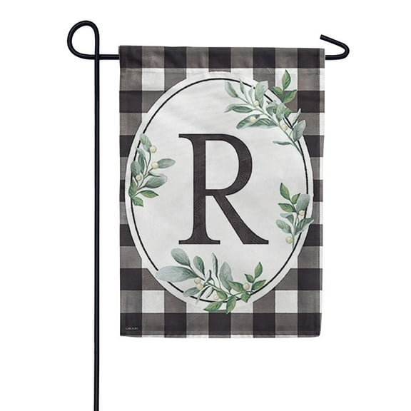 Carson Monogram Garden Flag - Buffalo Check R, 12.5x 18 Inch Outdoor Decorative Yard Holiday Seasonal Flag, Buffalo Plaid Black and White Checkered Flag, Monogram Letter R Flag