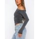 thumbnail image 3 of Tops cortos de color para mujer, camisetas lisas de manga larga con hombros oblicuos, camisetas ajustadas para primavera y otoño, ropa de calle TRKIYQC moda, 3 of 5