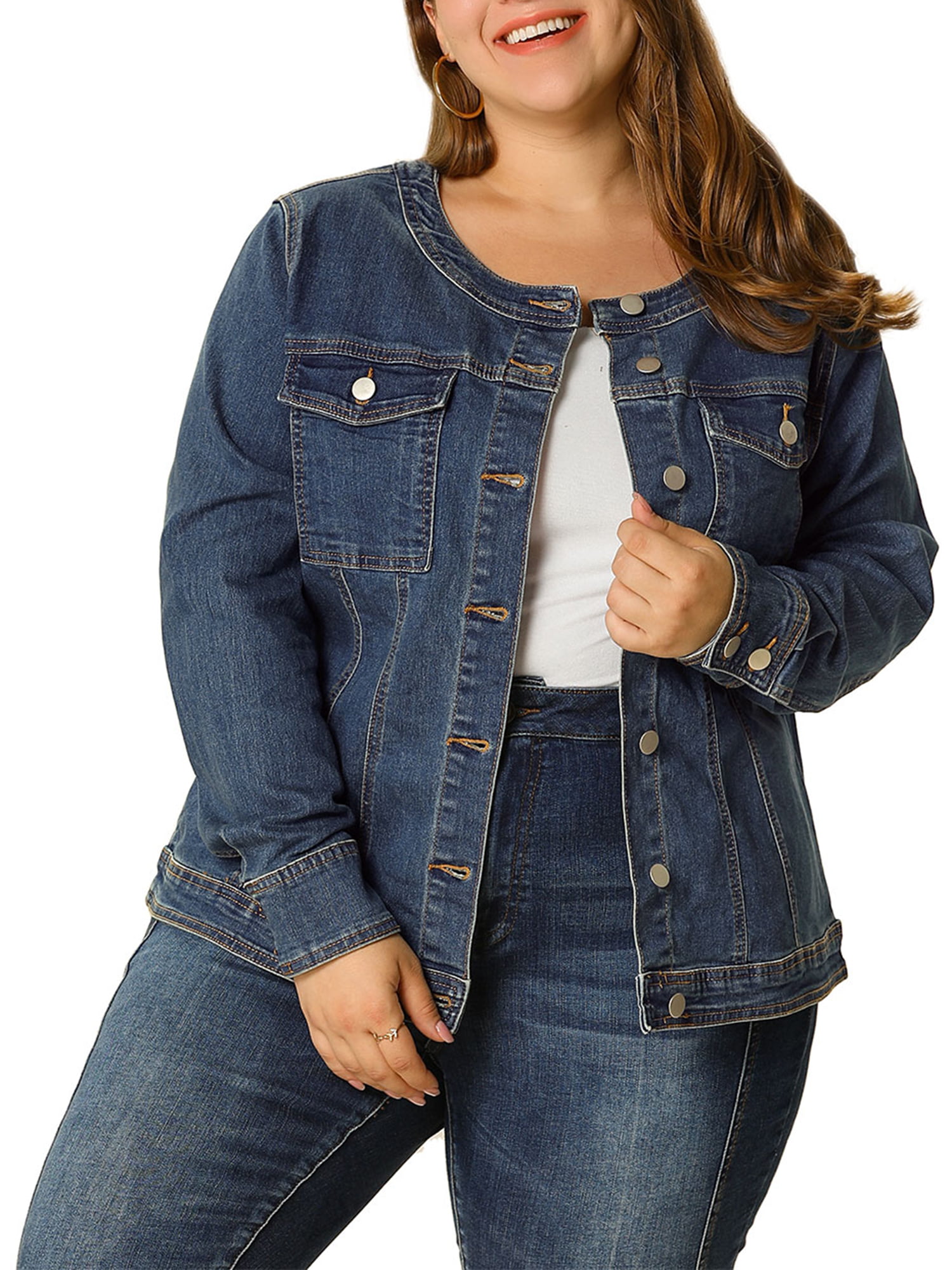 Unique Bargains - Women's Plus Size Long Sleeve Collarless Denim Jacket - Walmart.com - Walmart.com