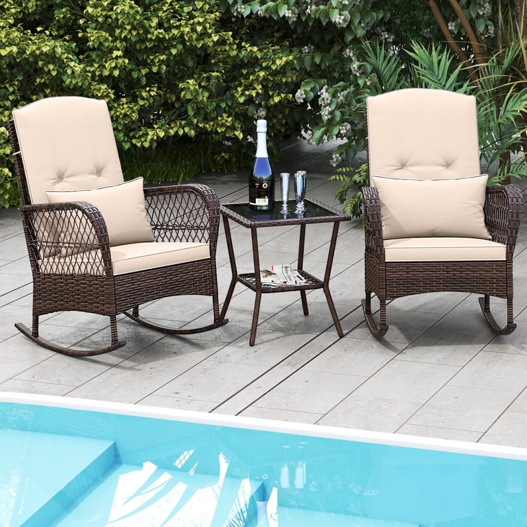 Costway 3 PCS Rocking Bistro Set With Removable Cushions & Tempered Glass Top Coffee Table Brown