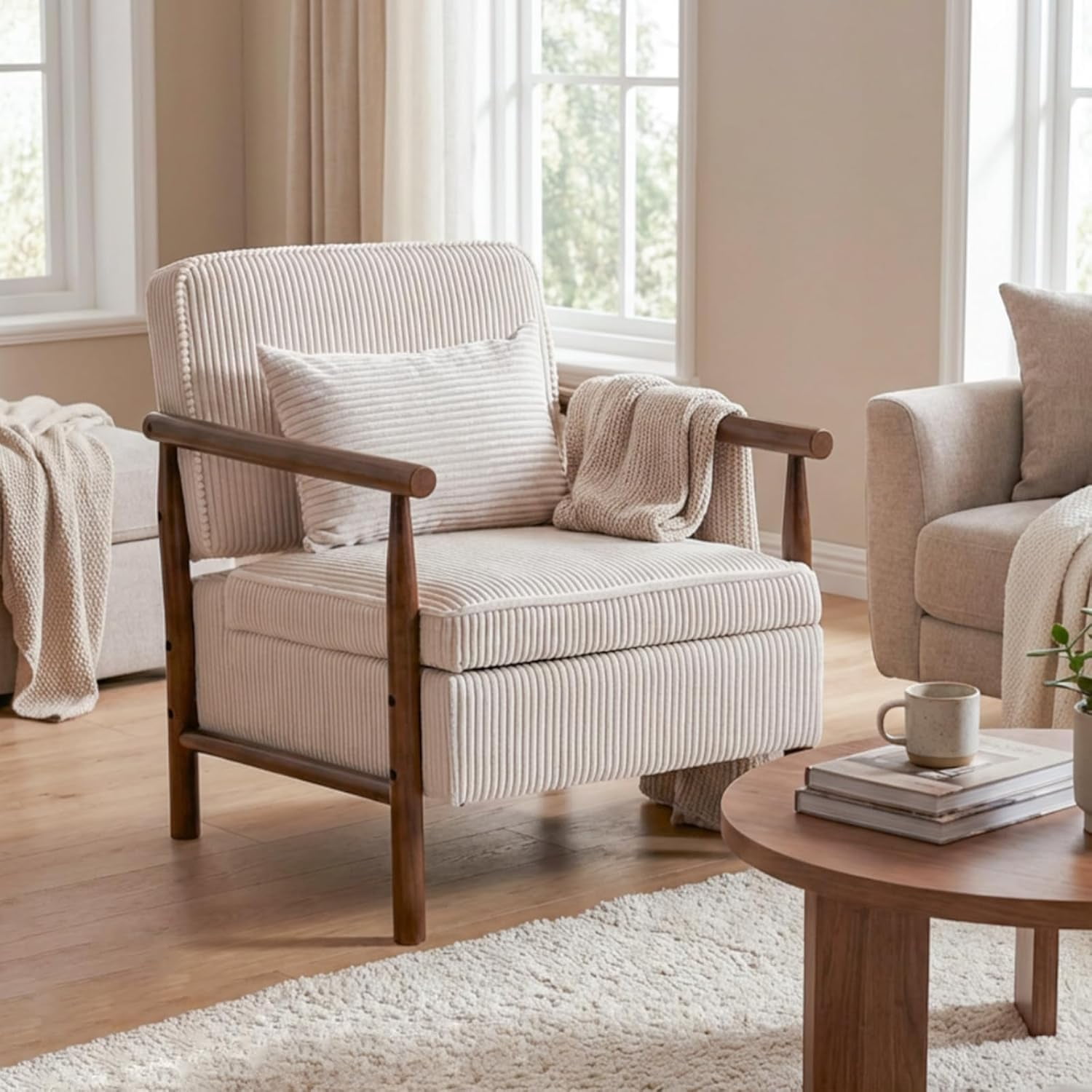 MOONMISS Accent Chair with Hidden Storage, Armchair with Solid Wood Frame, Corduroy Fabric Accent Chair for Living Room,Beige