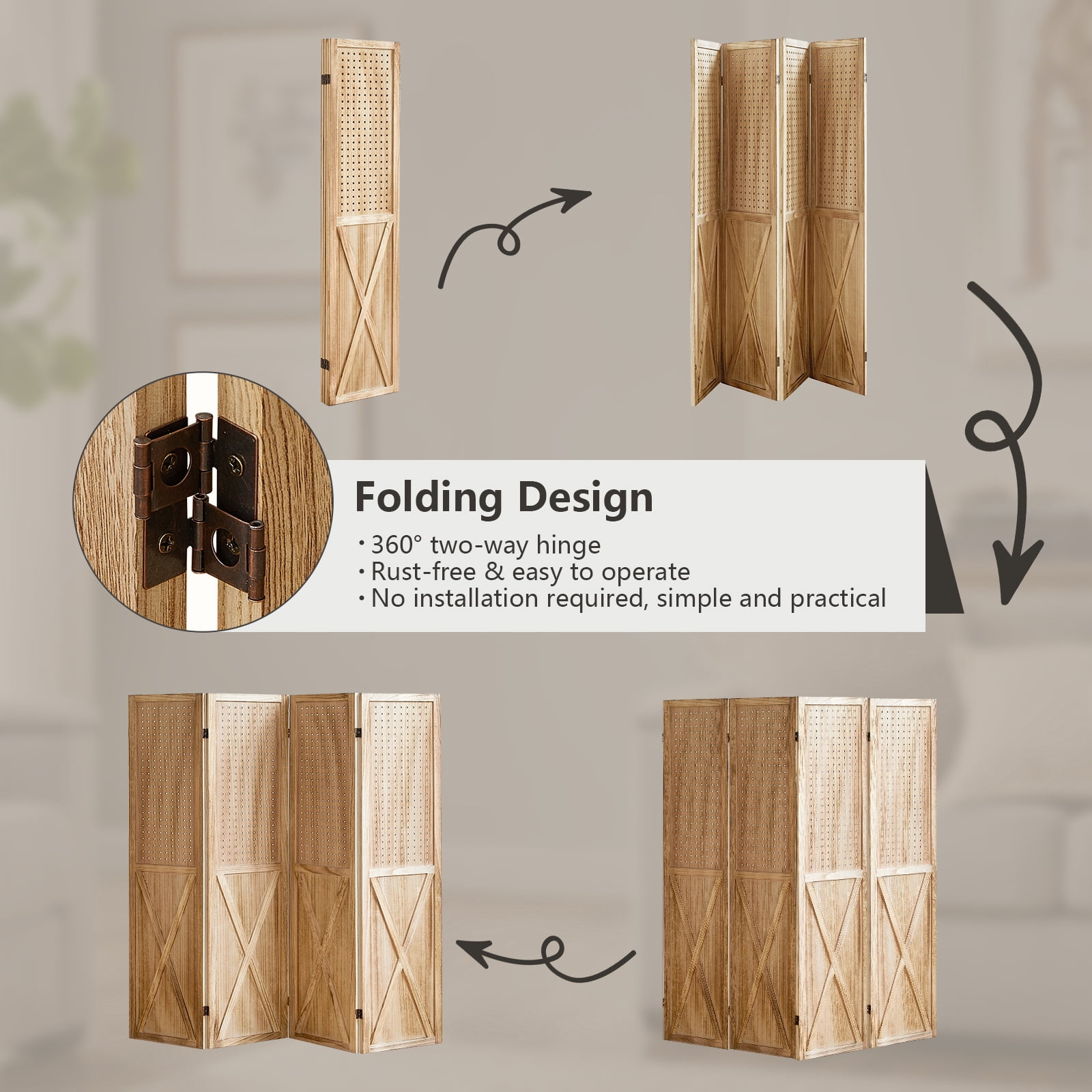 Aletheiawu 4 Panel Wood Room Divider Folding Privacy Screens, No Installation Required, Light Brown