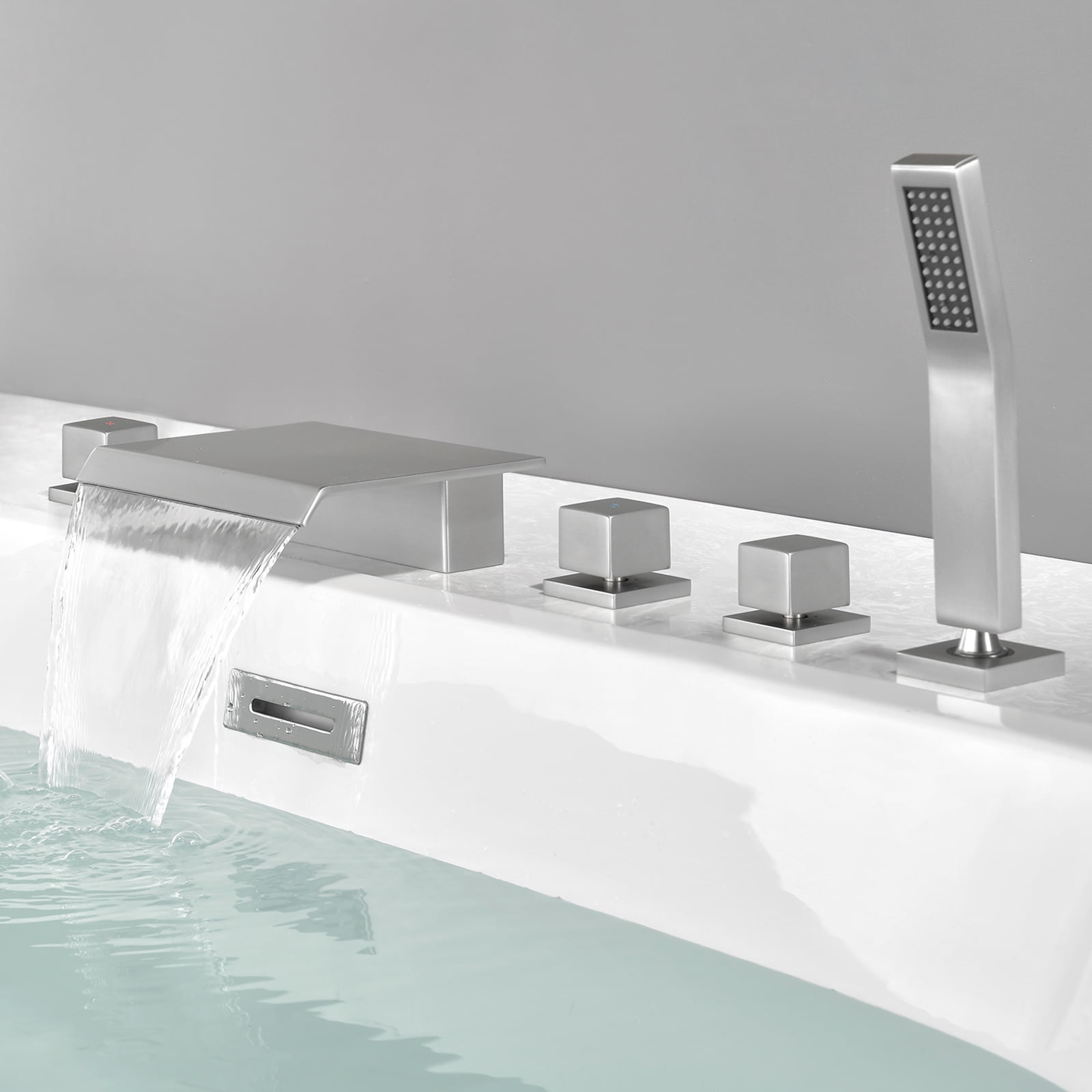 Cobbe 5-Hole Deck Mount Bathroom Bathtub Faucet with Hand Shower, 7.87-Inch and Wide Waterfall Spout Brushed Nickel