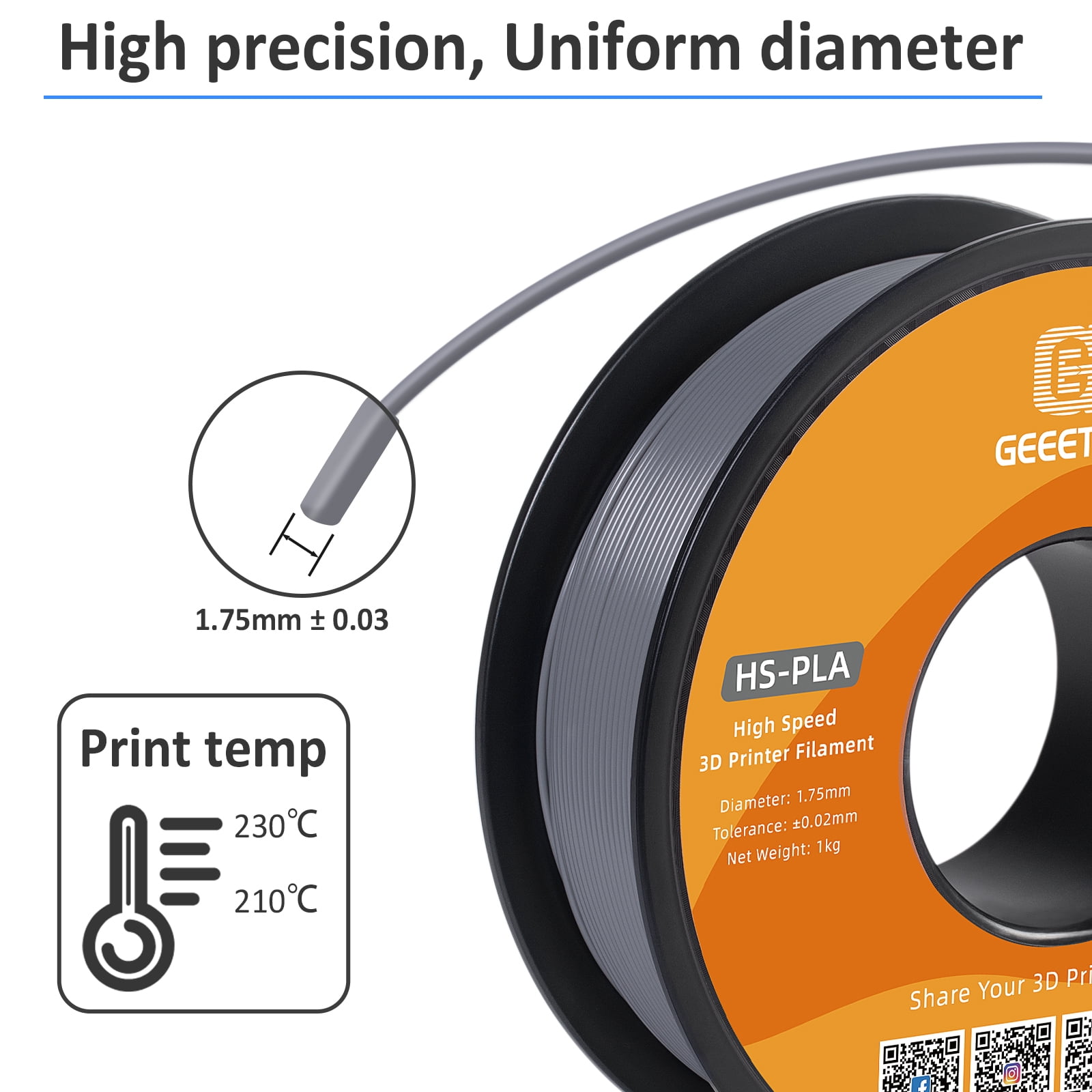 Geeetech 1.75mm PLA 3D Printer Filament, 10kg Spool (22lbs), Dimensional Accuracy +/- 0.03mm,Grey