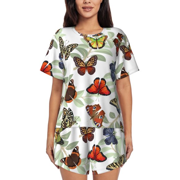 Balery Multicolored Butterflies Conjunto de Pijama para Mujer con Estampado, Dos Piezas de Manga Corta y Shorts, Ropa de Dormir Suave con Cuello Redondo y Bolsillos-XX-Large